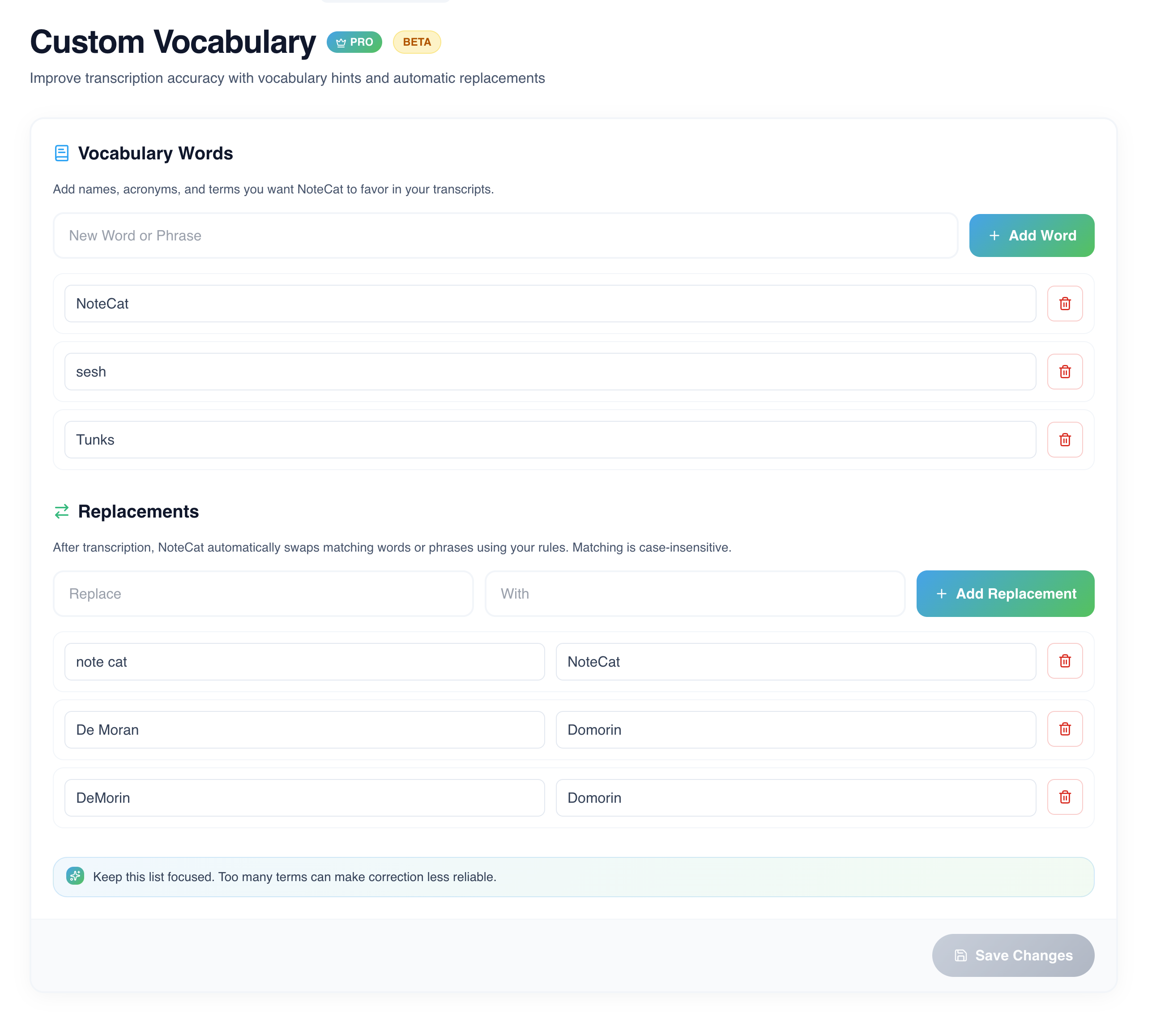 Custom vocabulary settings screenshot
