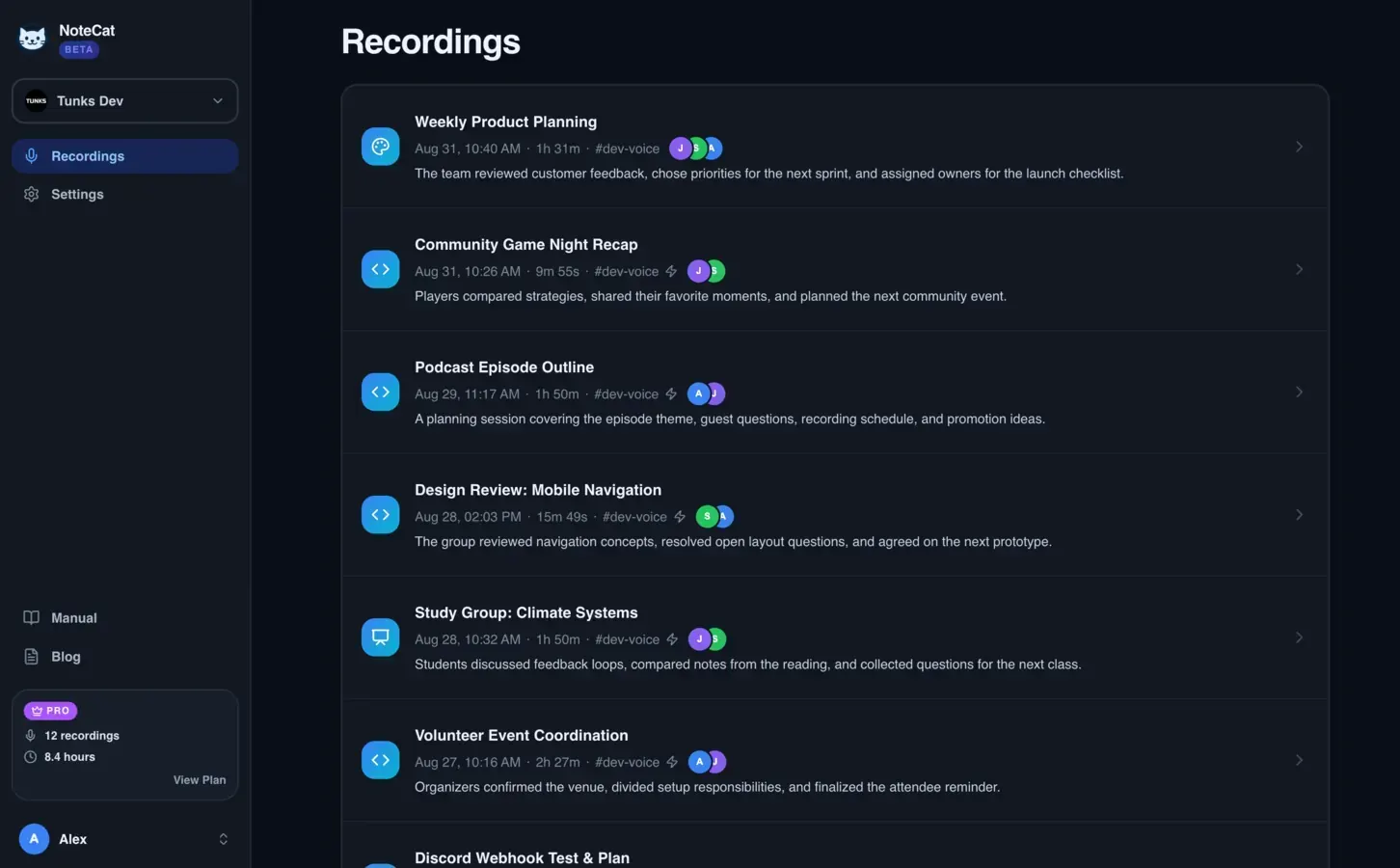 The redesigned NoteCat recordings list showing example recordings and descriptions