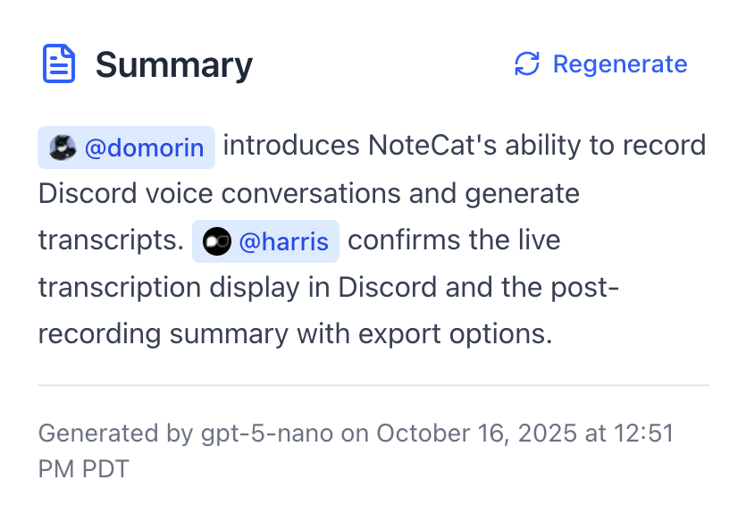 AI-generated summary of a Discord voice call recording