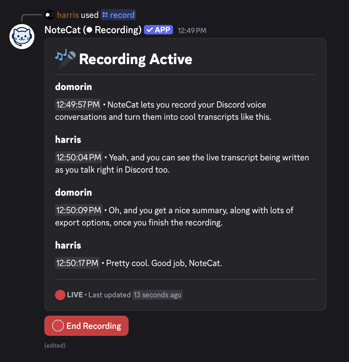 NoteCat Discord bot live transcription showing real-time voice-to-text